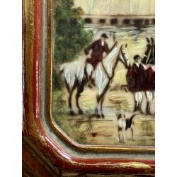 antica MINIATURA dipinto SCENA EQUESTRE di CACCIA cornice DORATA stile barocco