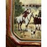 antica MINIATURA dipinto SCENA EQUESTRE di CACCIA cornice DORATA stile barocco