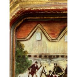 antica MINIATURA dipinto SCENA EQUESTRE di CACCIA cornice DORATA stile barocco