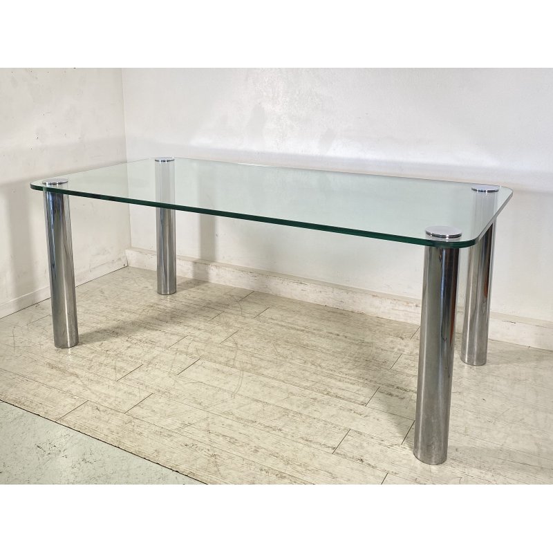TAVOLO PRANZO DESIGN ATTR. Marco Zanuso ANNI 70 METALLO CROMATO VETRO TABLE GLAS