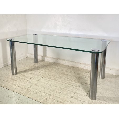 TAVOLO PRANZO DESIGN ATTR. Marco Zanuso ANNI 70 METALLO CROMATO VETRO TABLE GLAS