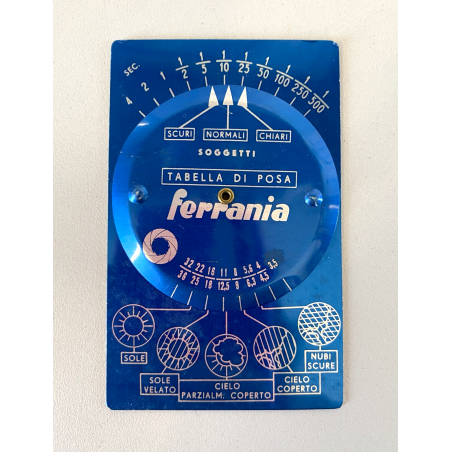 TABELLA POSA VINTAGE Ferrania ALLUMINIO AZZURRO ESPOSIMETRO ANALOGICO DISCO