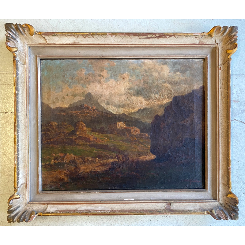 ANTICO DIPINTO OLIO Jhon Califano PAESAGGIO MONTANO ALPEGGIO MONTAGNE BAITA '800