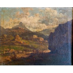 ANTICO DIPINTO OLIO Jhon Califano PAESAGGIO MONTANO ALPEGGIO MONTAGNE BAITA '800