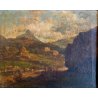ANTICO DIPINTO OLIO Jhon Califano PAESAGGIO MONTANO ALPEGGIO MONTAGNE BAITA '800