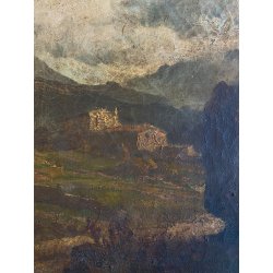 ANTICO DIPINTO OLIO Jhon Califano PAESAGGIO MONTANO ALPEGGIO MONTAGNE BAITA '800