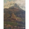 ANTICO DIPINTO OLIO Jhon Califano PAESAGGIO MONTANO ALPEGGIO MONTAGNE BAITA '800
