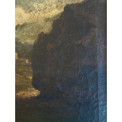 ANTICO DIPINTO OLIO Jhon Califano PAESAGGIO MONTANO ALPEGGIO MONTAGNE BAITA '800