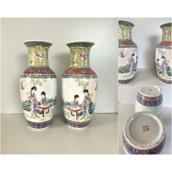 COPPIA VASO PORCELLANA CINESE ISTORIATO FAMILLE ROSE  26,5 cm/h VINTAGE '50