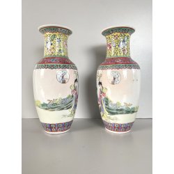 COPPIA VASO PORCELLANA CINESE ISTORIATO FAMILLE ROSE  26,5 cm/h VINTAGE '50