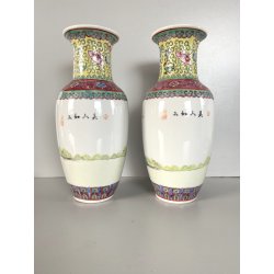 COPPIA VASO PORCELLANA CINESE ISTORIATO FAMILLE ROSE  26,5 cm/h VINTAGE '50