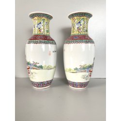 COPPIA VASO PORCELLANA CINESE ISTORIATO FAMILLE ROSE  26,5 cm/h VINTAGE '50