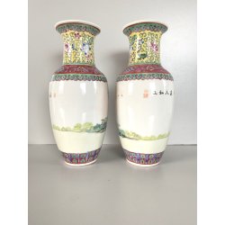 COPPIA VASO PORCELLANA CINESE ISTORIATO FAMILLE ROSE  26,5 cm/h VINTAGE '50