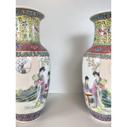 COPPIA VASO PORCELLANA CINESE ISTORIATO FAMILLE ROSE  26,5 cm/h VINTAGE '50