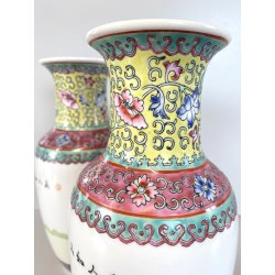 COPPIA VASO PORCELLANA CINESE ISTORIATO FAMILLE ROSE  26,5 cm/h VINTAGE '50