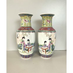COPPIA VASO PORCELLANA CINESE ISTORIATO FAMILLE ROSE  26,5 cm/h VINTAGE '50