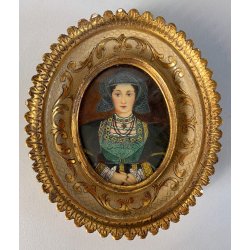 ANTICA MINIATURA DIPINTA A MANO RITRATTO NOBILDONNA ABITO VERDE RINASCIMENTALE