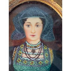ANTICA MINIATURA DIPINTA A MANO RITRATTO NOBILDONNA ABITO VERDE RINASCIMENTALE