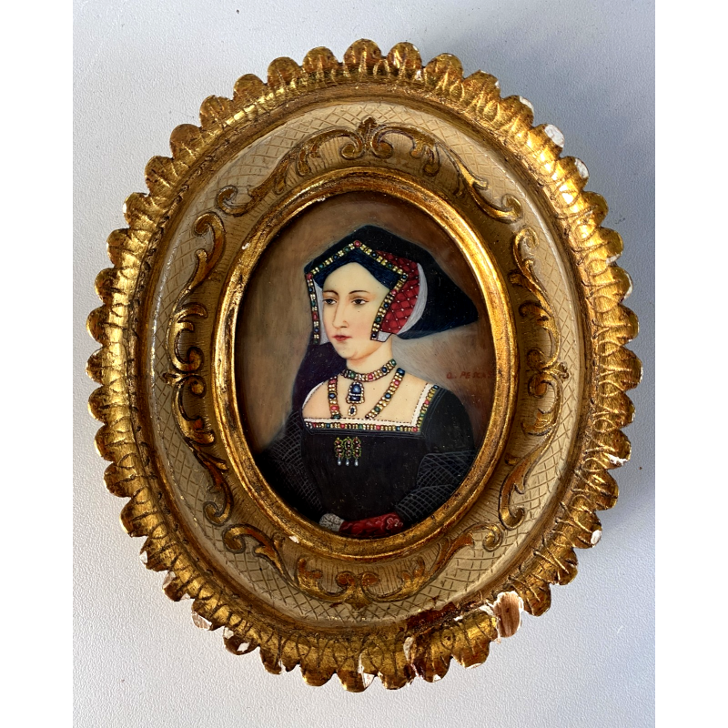 ANTICA MINIATURA DIPINTA A MANO RITRATTO NOBILDONNA ABITO SCURO RINASCIMENTALE