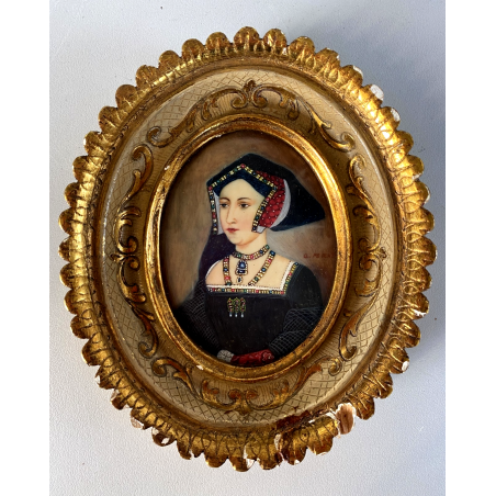 ANTICA MINIATURA DIPINTA A MANO RITRATTO NOBILDONNA ABITO SCURO RINASCIMENTALE