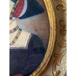 ANTICA MINIATURA DIPINTA A MANO RITRATTO NOBILDONNA ABITO SCURO RINASCIMENTALE