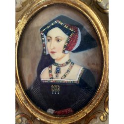 ANTICA MINIATURA DIPINTA A MANO RITRATTO NOBILDONNA ABITO SCURO RINASCIMENTALE