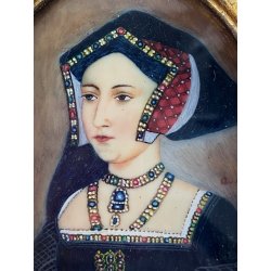 ANTICA MINIATURA DIPINTA A MANO RITRATTO NOBILDONNA ABITO SCURO RINASCIMENTALE