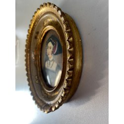 ANTICA MINIATURA DIPINTA A MANO RITRATTO NOBILDONNA ABITO SCURO RINASCIMENTALE