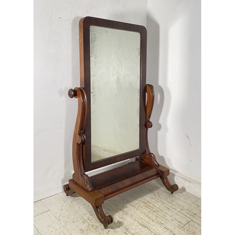 ANTICA GRANDE PSICHE SPECCHIO SPECCHIERA LEGNO MOGANO EPOCA 1900 VITTORIANA