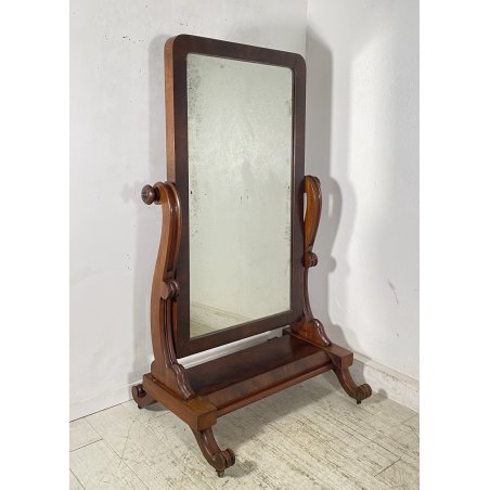 ANTICA GRANDE PSICHE SPECCHIO SPECCHIERA LEGNO MOGANO EPOCA 1900 VITTORIANA