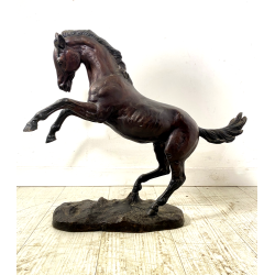 ANTICA SCULTURA CAVALLO RAMPANTE BRONZO PATINA BESTIARIO 45cm/h '900