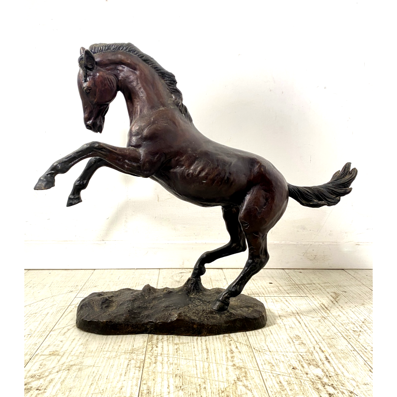 ANTICA SCULTURA CAVALLO RAMPANTE BRONZO PATINA BESTIARIO 45cm/h '900