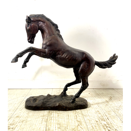 ANTICA SCULTURA CAVALLO RAMPANTE BRONZO PATINA BESTIARIO 45cm/h '900