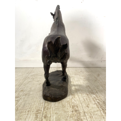ANTICA SCULTURA CAVALLO RAMPANTE BRONZO PATINA BESTIARIO 45cm/h '900