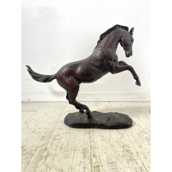 ANTICA SCULTURA CAVALLO RAMPANTE BRONZO PATINA BESTIARIO 45cm/h '900
