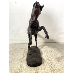 ANTICA SCULTURA CAVALLO RAMPANTE BRONZO PATINA BESTIARIO 45cm/h '900