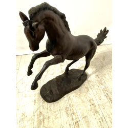 ANTICA SCULTURA CAVALLO RAMPANTE BRONZO PATINA BESTIARIO 45cm/h '900