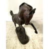 ANTICA SCULTURA CAVALLO RAMPANTE BRONZO PATINA BESTIARIO 45cm/h '900