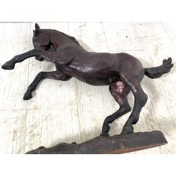 ANTICA SCULTURA CAVALLO RAMPANTE BRONZO PATINA BESTIARIO 45cm/h '900