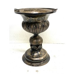 VASO COPPA FIORIERA CENTROTAVOLA METALLO ARGENTATO DECORO SBALZO BACELLATO H26cm