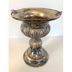 VASO COPPA FIORIERA CENTROTAVOLA METALLO ARGENTATO DECORO SBALZO BACELLATO H26cm