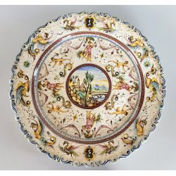ANTICO PIATTO PARATA MAIOLICA TERRACOTTA SMALTATA SCA DECORO GROTTESCHE ø 37cm