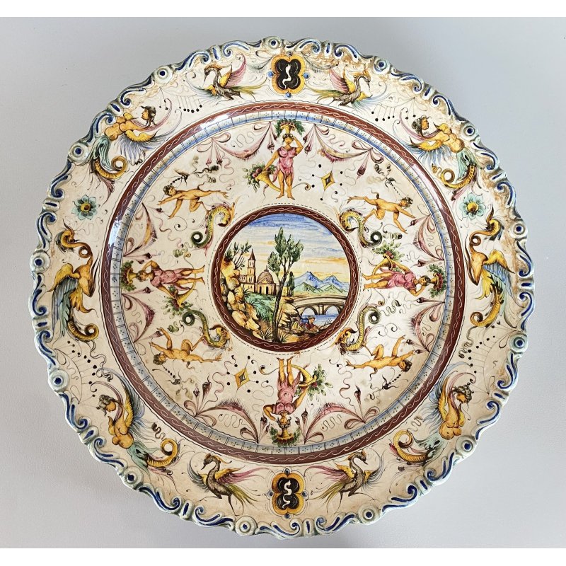 ANTICO PIATTO PARATA MAIOLICA TERRACOTTA SMALTATA SCA DECORO GROTTESCHE ø 37cm
