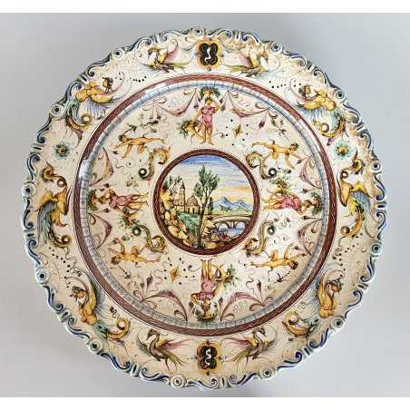 ANTICO PIATTO PARATA MAIOLICA TERRACOTTA SMALTATA SCA DECORO GROTTESCHE ø 37cm