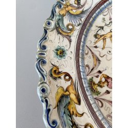 ANTICO PIATTO PARATA MAIOLICA TERRACOTTA SMALTATA SCA DECORO GROTTESCHE ø 37cm