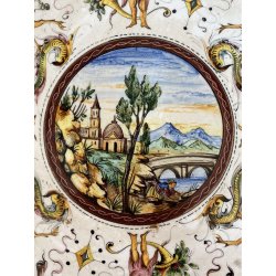 ANTICO PIATTO PARATA MAIOLICA TERRACOTTA SMALTATA SCA DECORO GROTTESCHE ø 37cm