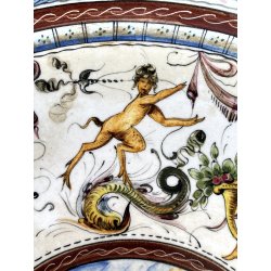 ANTICO PIATTO PARATA MAIOLICA TERRACOTTA SMALTATA SCA DECORO GROTTESCHE ø 37cm