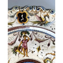 ANTICO PIATTO PARATA MAIOLICA TERRACOTTA SMALTATA SCA DECORO GROTTESCHE ø 37cm