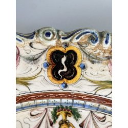 ANTICO PIATTO PARATA MAIOLICA TERRACOTTA SMALTATA SCA DECORO GROTTESCHE ø 37cm