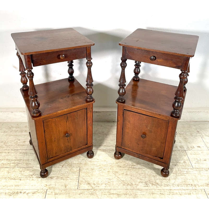 ANTICA COPPIA COMODINO LEGNO NOCE epoca 1800 CASSETTO ANTA RIPIANO ALZATA OLD
